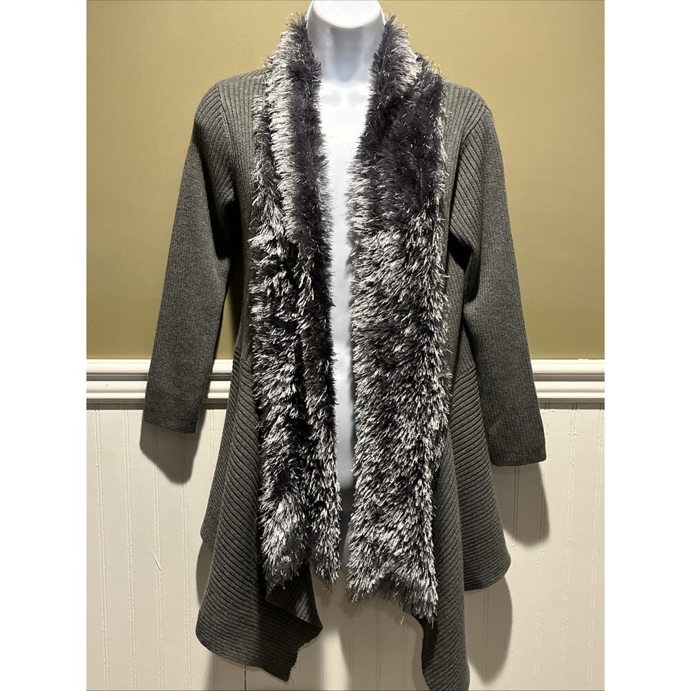 Once Again Grey Fuzzy Trim Cardigan – Women’s M – Open Front Sweater